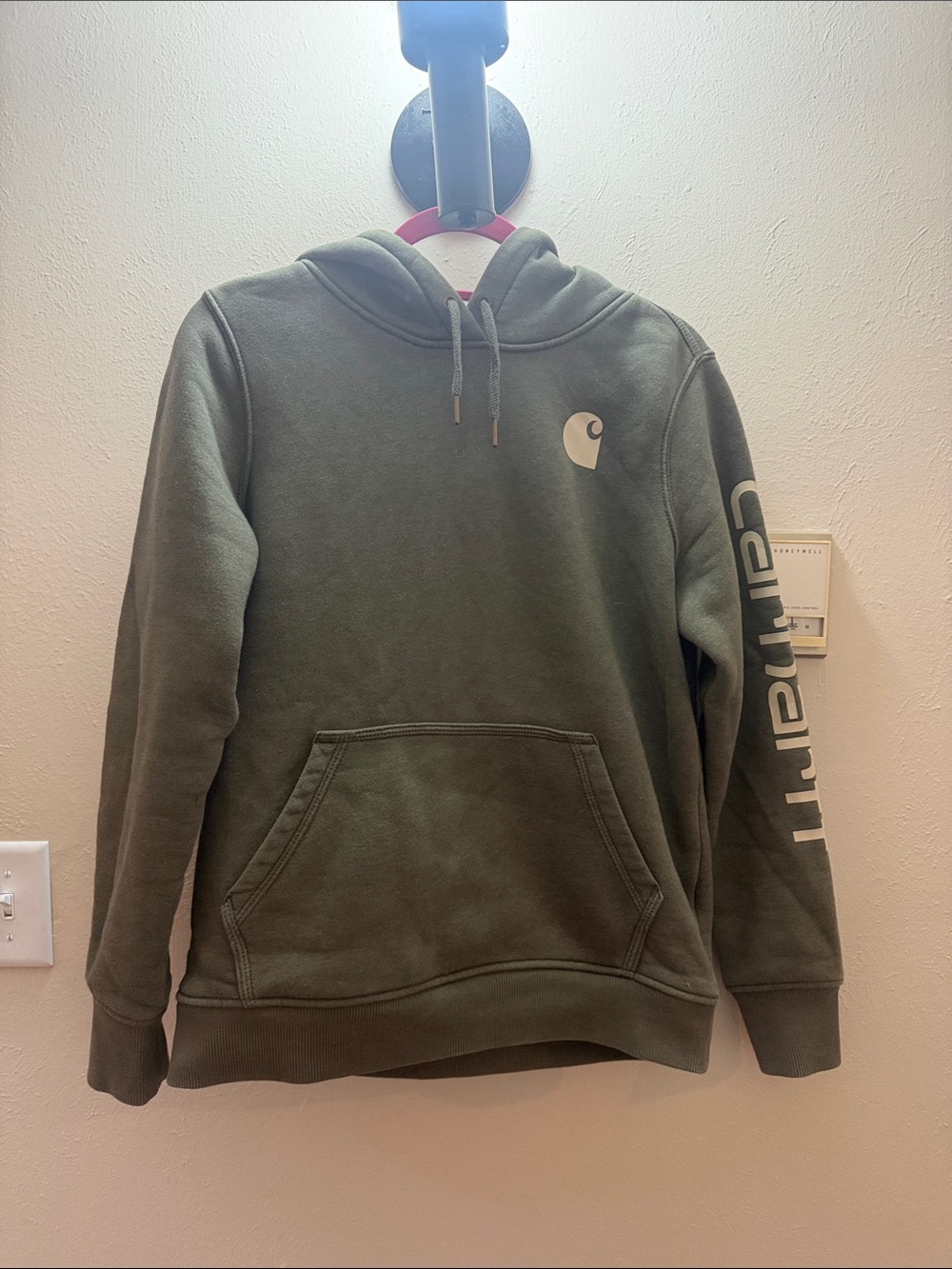 Carhartt Olive Green Pullover Hoodie with Sleeve Logo